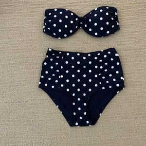 AERIE navy & white polka dot high waisted bikini